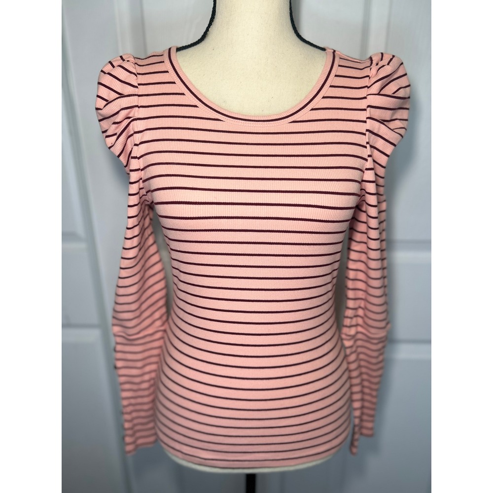 Maeve Anthropologie Pink Striped Puff Sleeve Ribbed Knit Top Small